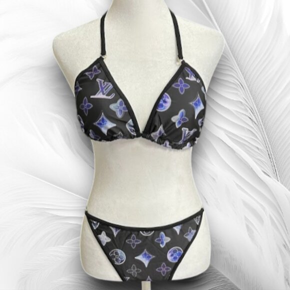 Monogram Bikini Set Black Blue Triangle Top Bottoms